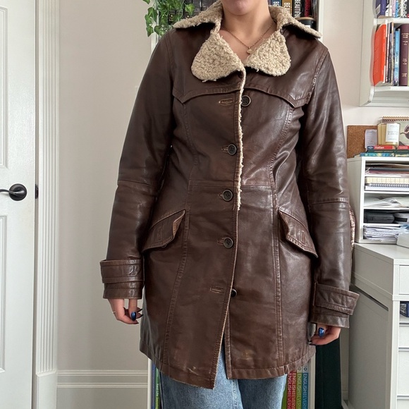 Brown Shearling-Lined Women's Coat - Picture 2 of 5